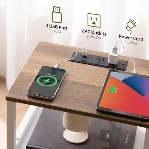 Farmhouse Nightstand with Charging Station, Wood Night Stand End with White