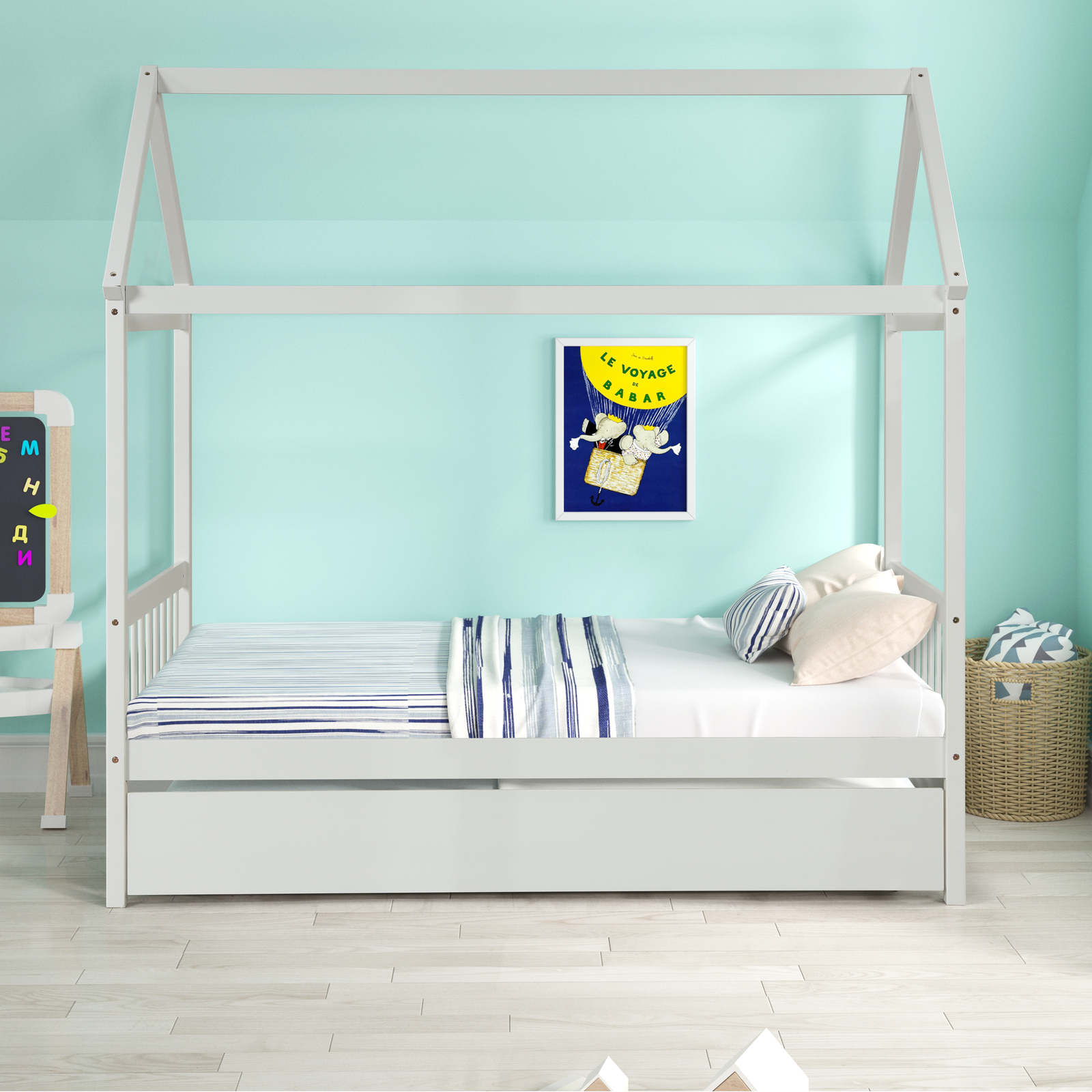 Solid Wood Twin House Bed Frame with Twin Size Trundle No Box Spring Needed New