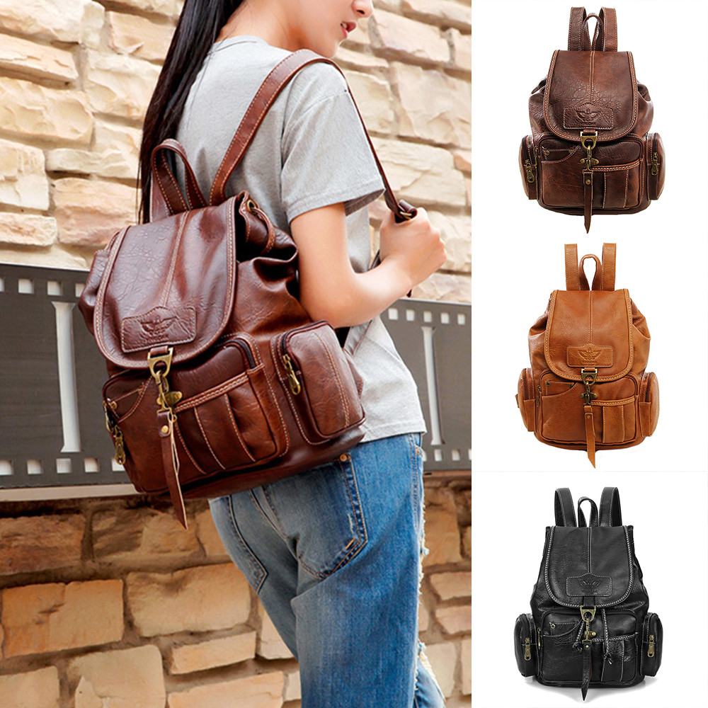 Women PU Leather Backpack Shoulder Satchel Vintage School Travel Bag Rucksack