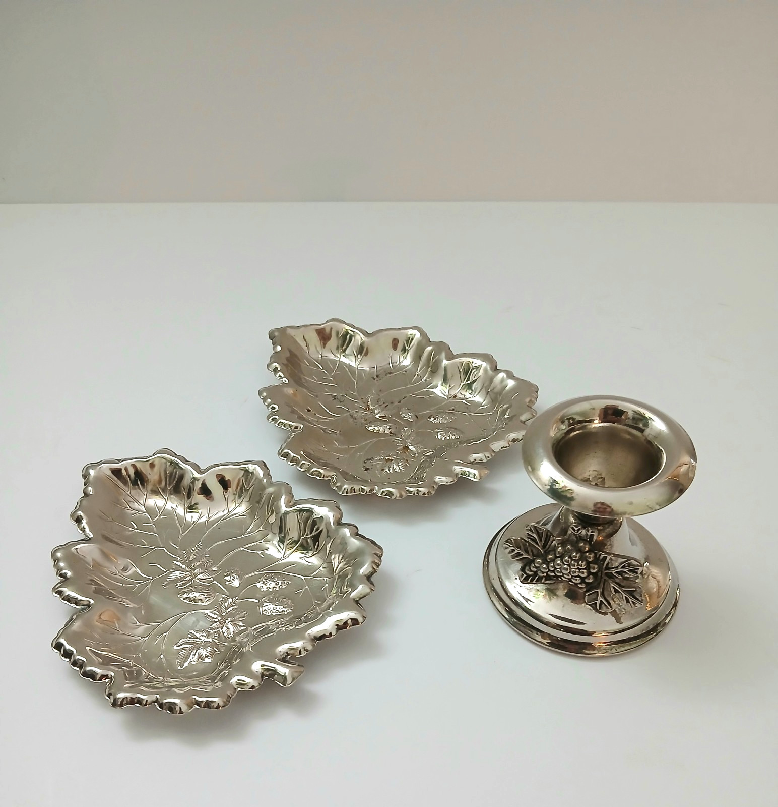 Vtg Silver-Plated Coquette Grape Candlestick Holder & 2 Leaf Shaped Nut Dishes