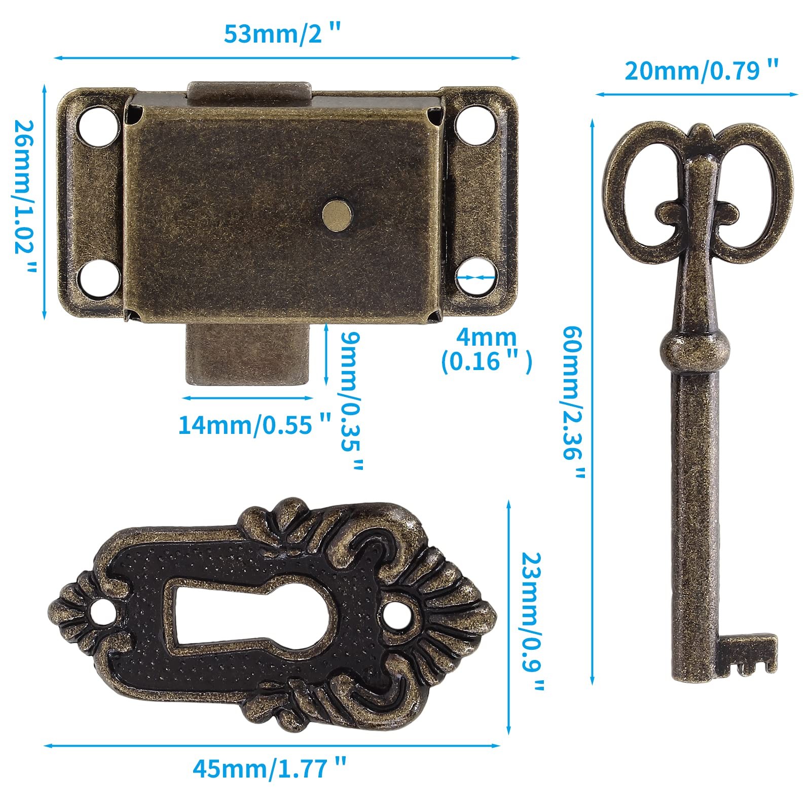 2 Sets Skeleton Key Lock Decorative Antique Bronze Cabinet Vintage Lock with ...
