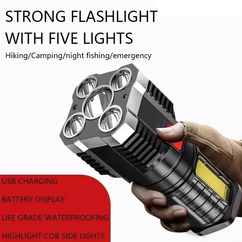 Rechargeable LED Camping Spotlight High Power Flashlight with Side Light & Modes