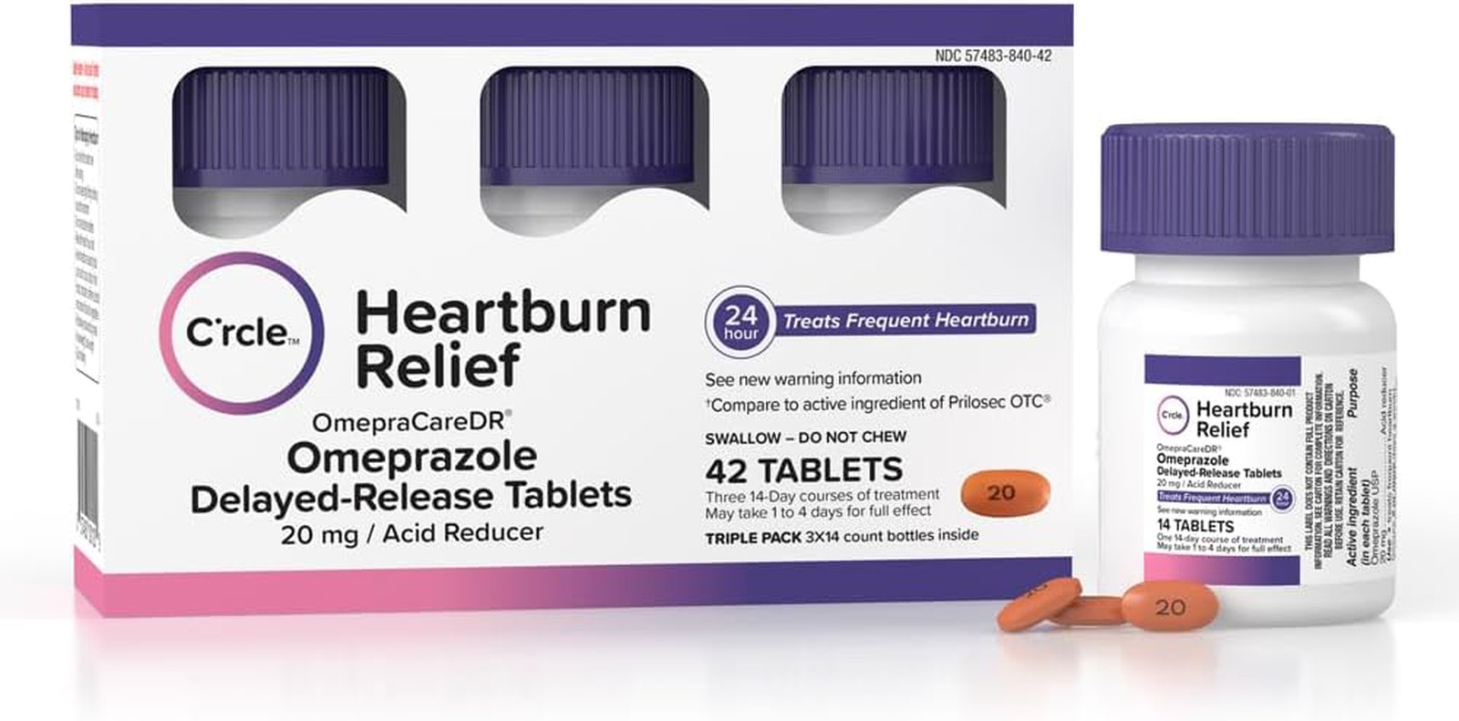 C’Rcle Omeprazole 20Mg Tablets (42 Ct, Three 14 Day Courses) Delayed-Release Hea