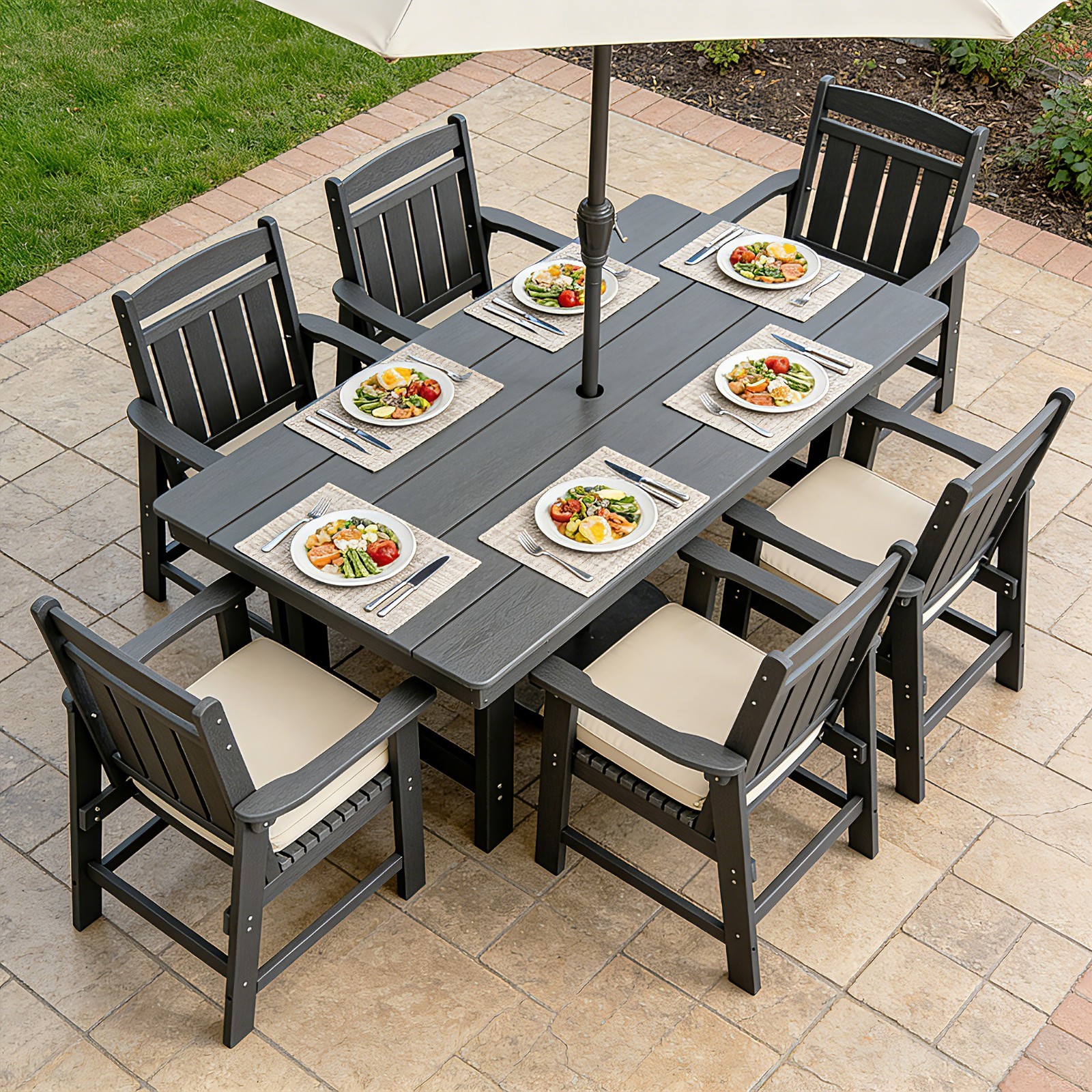 HDPE Patio Dining Set, Outdoor Dining Table and Chairs Set, w/ Umbrella Hole