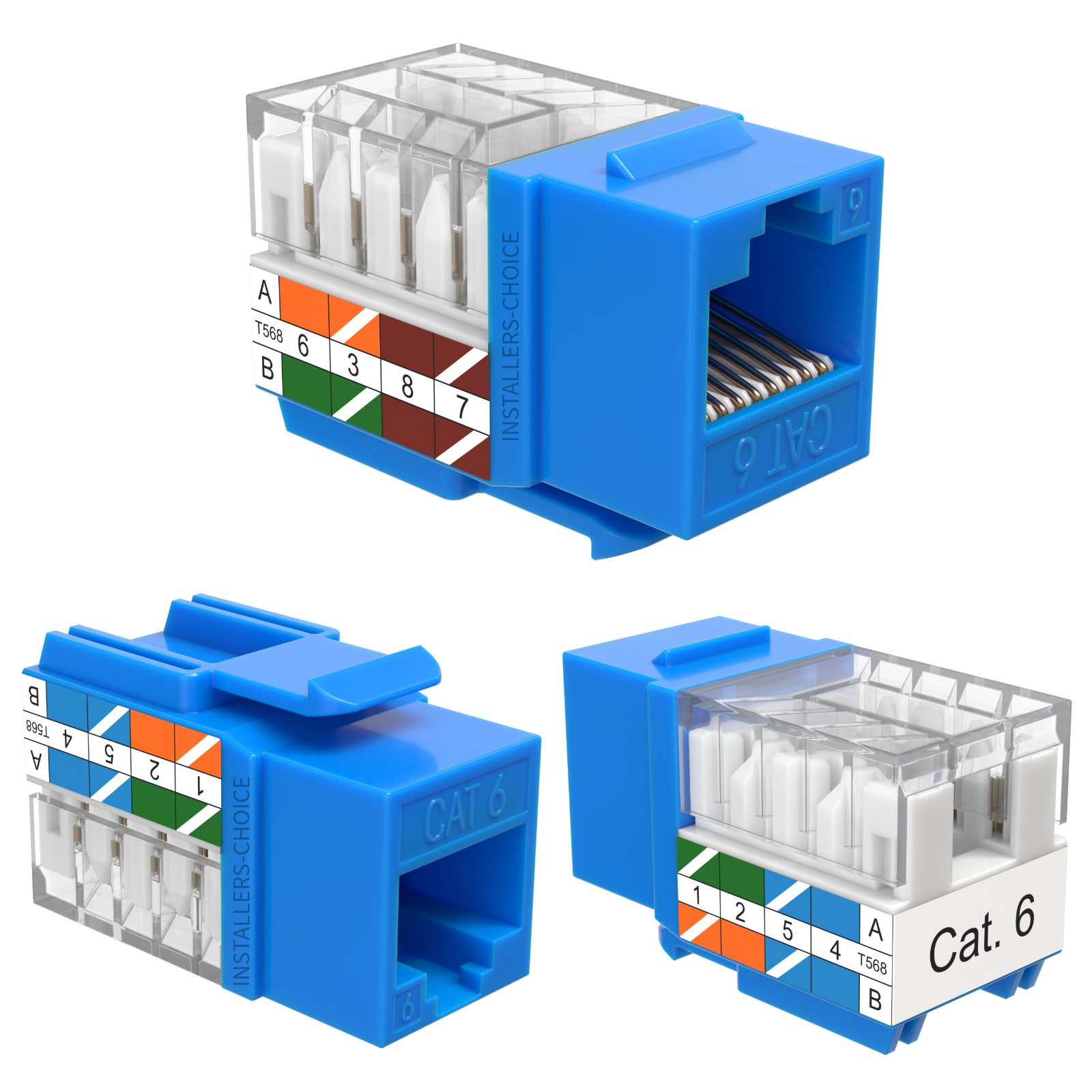 10 Pack Cat6 45° Angled Keystone Jack RJ45 110 Punchdown 8P8C Blue Ethernet