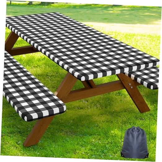Picnic Table Cover with Bench Covers, Waterproof 30" x 72" Black and White