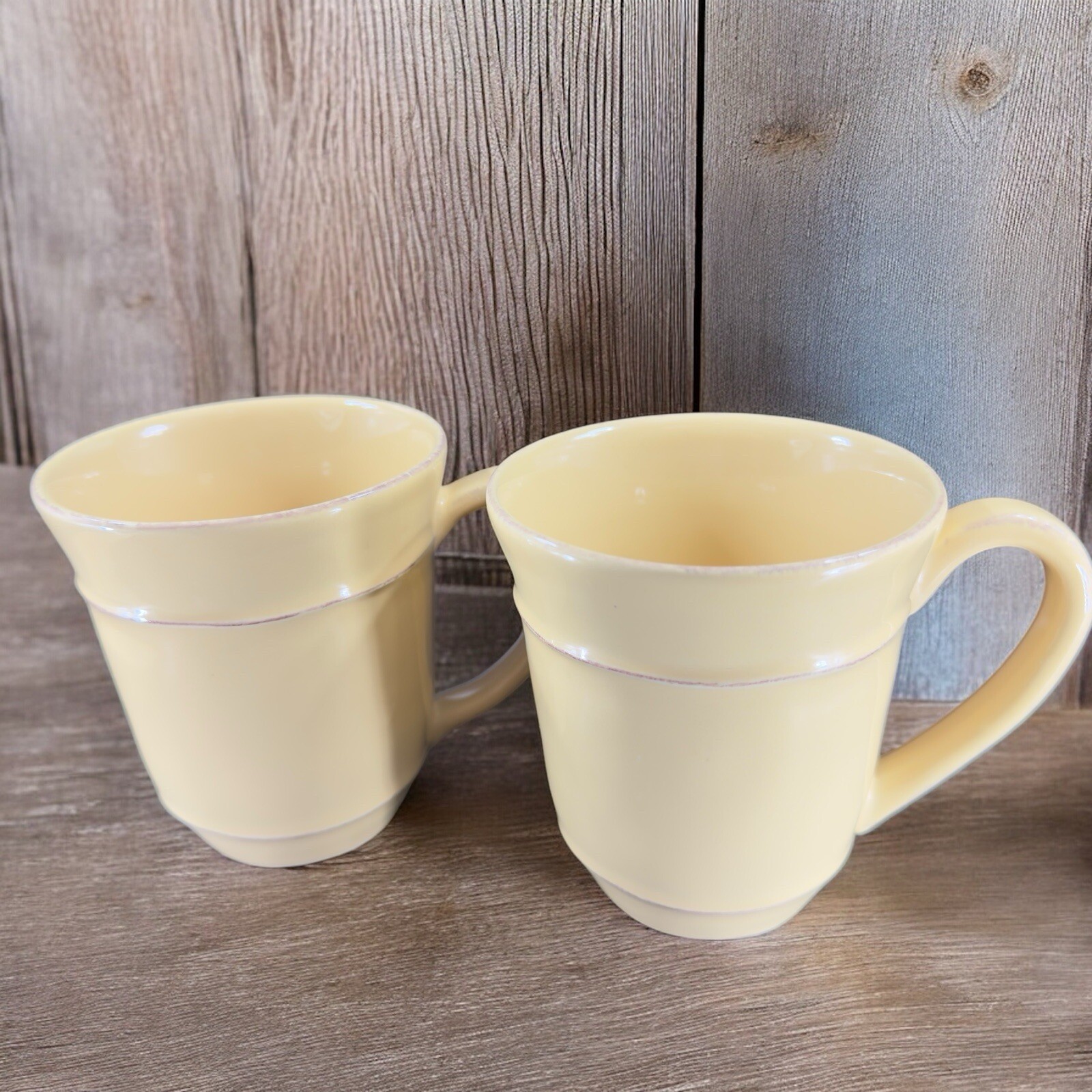 POTTERY BARN Cambria Butter Ceramic Coffee Mug Cup Embossed Edges Mug Cup Set 2