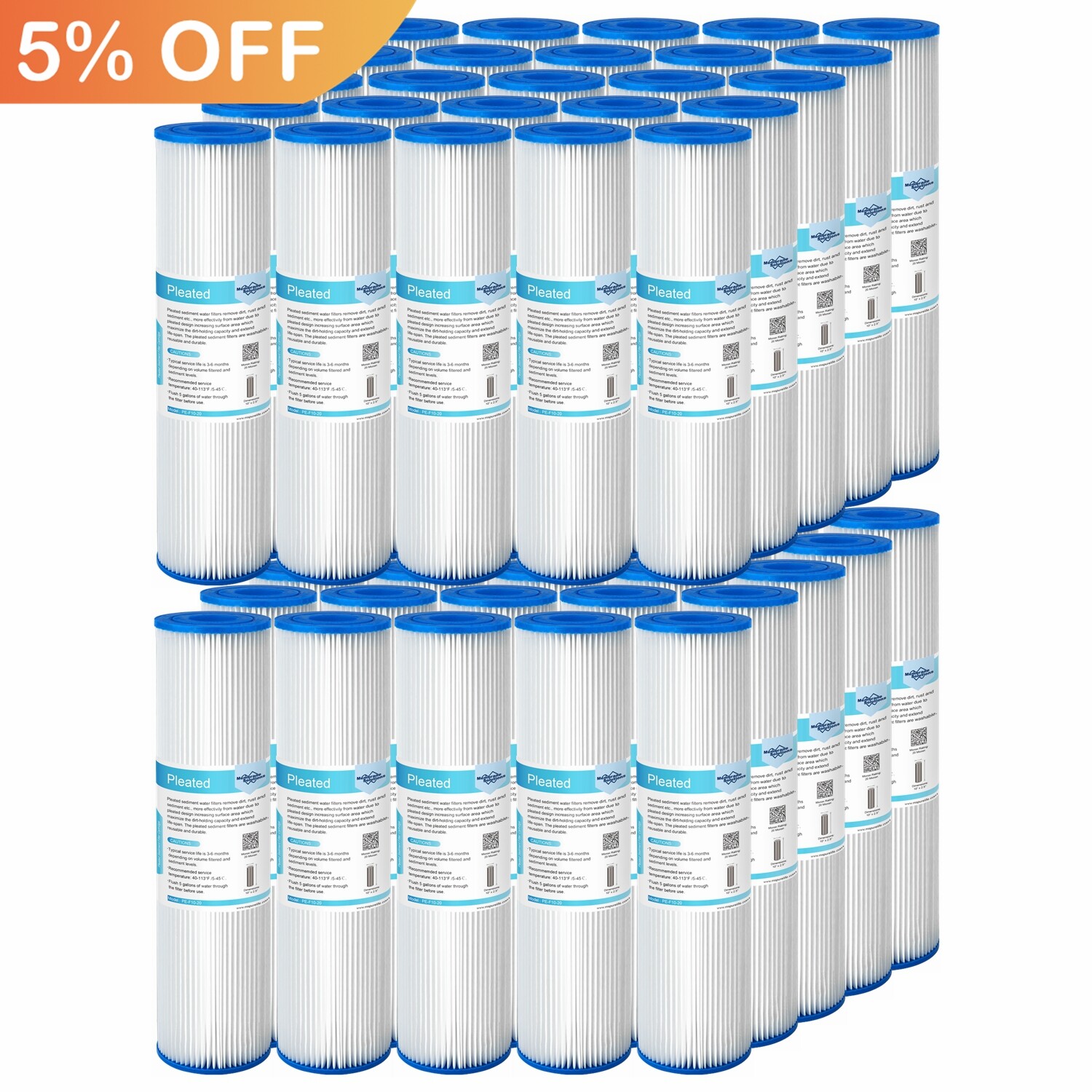 50 Pack 5/20/50 Micron 10"x2.5" Washable Pleated Sediment Water Filter Cartridge