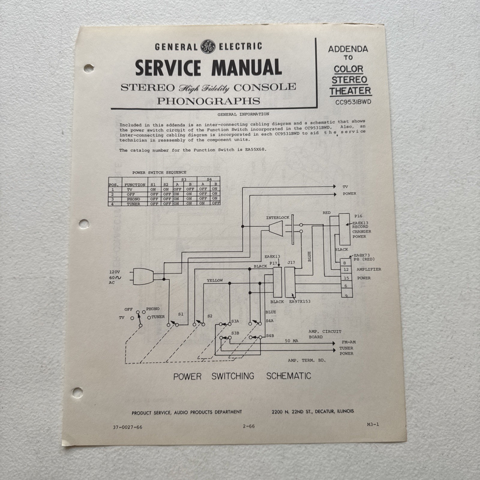 General Electric Addenda To 1966 Color Stereo Theater CC953IBWD Specifications