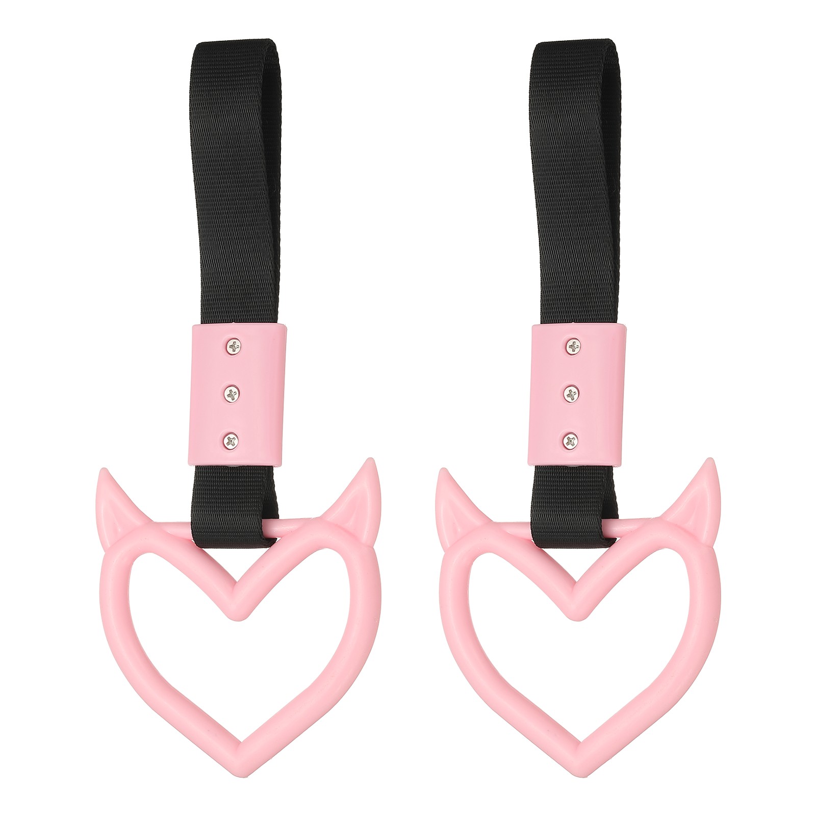 2 Pcs Evil Heart Shaped Car Handle Straps, Pink (Black Strap)