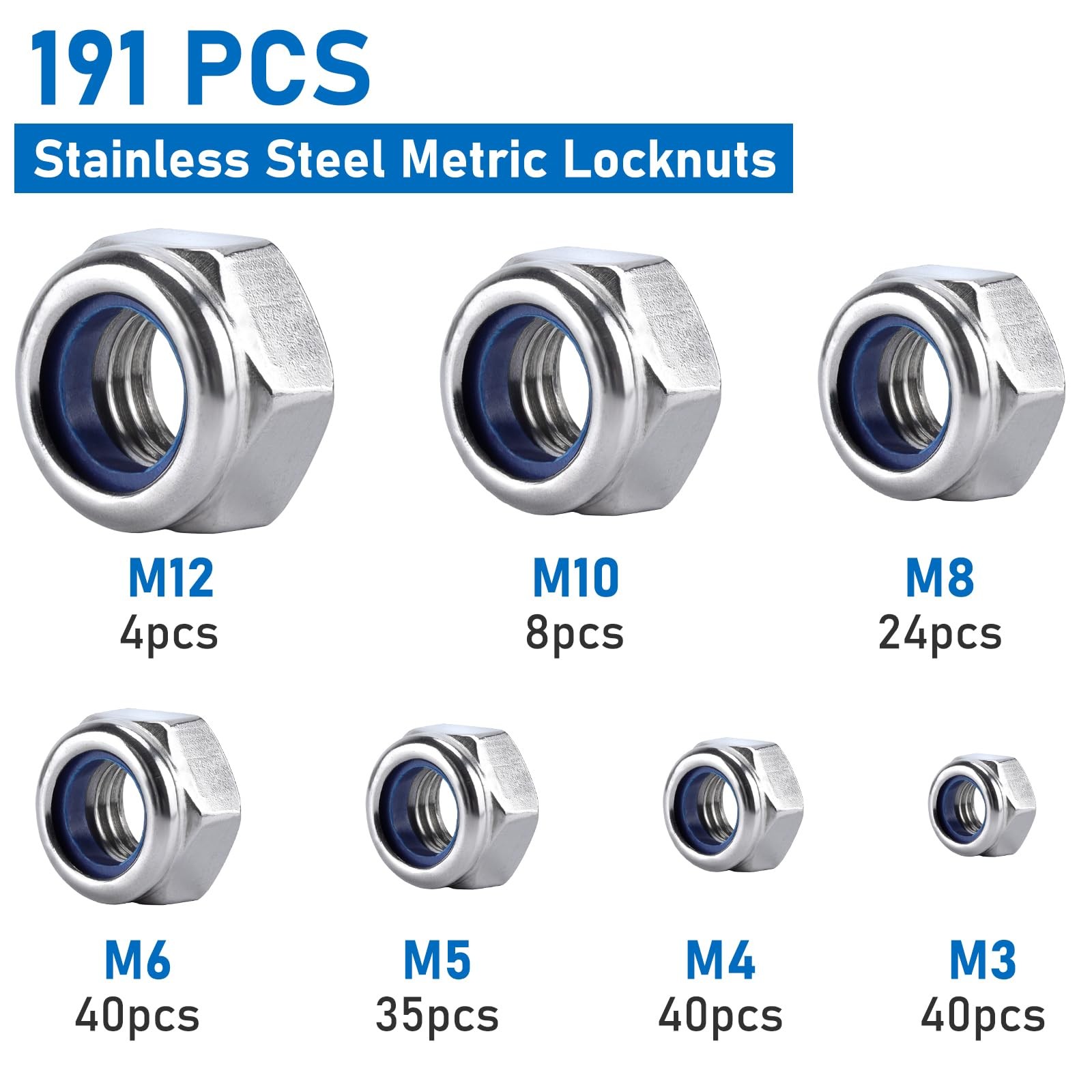 Vmuter 191pcs Metric Lock Nuts Assortment M3M12 Nylon Insert 304 Stainless Steel