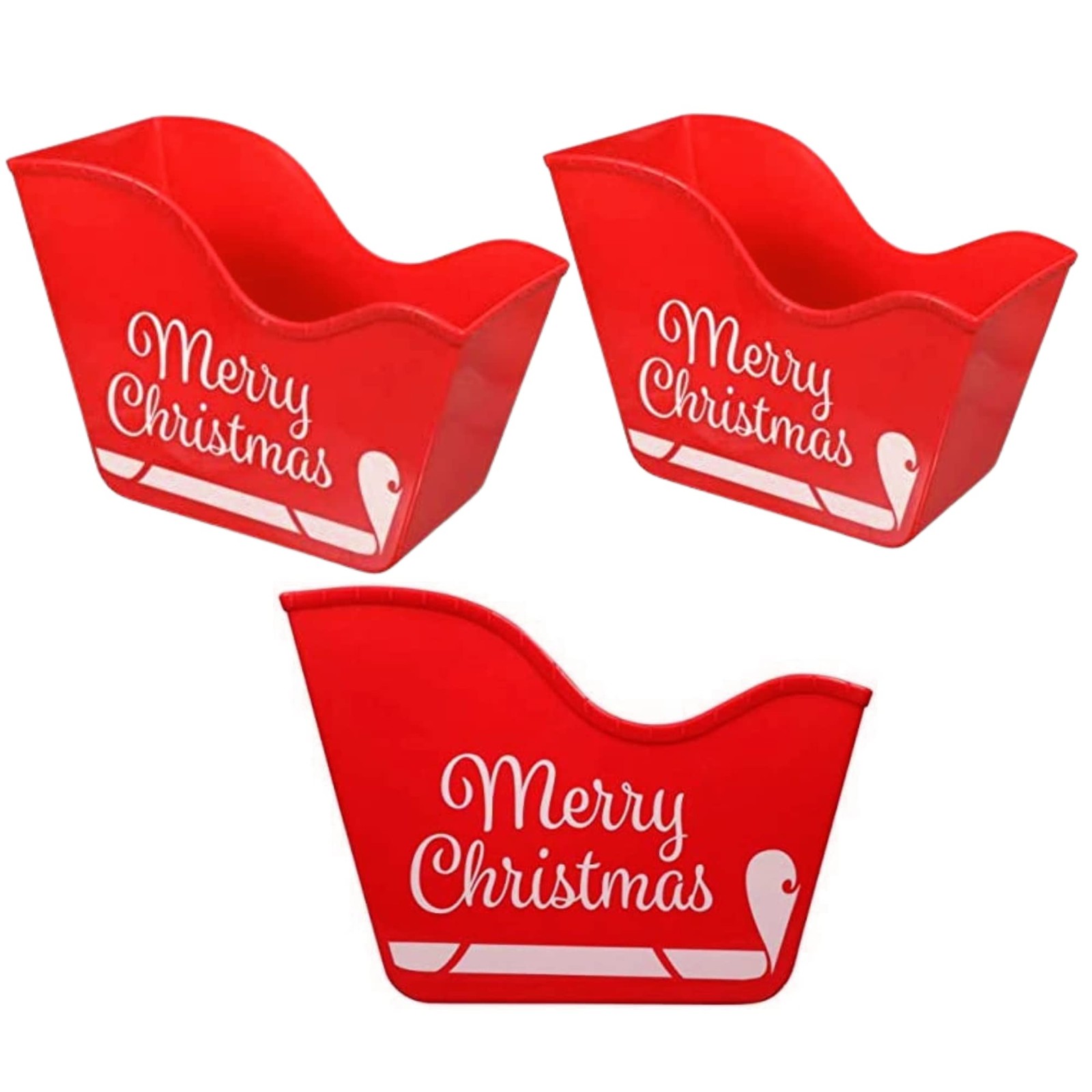 Plastic Santa Sleigh Bins  Red Holiday Storage Containers for Treats, Set of 3