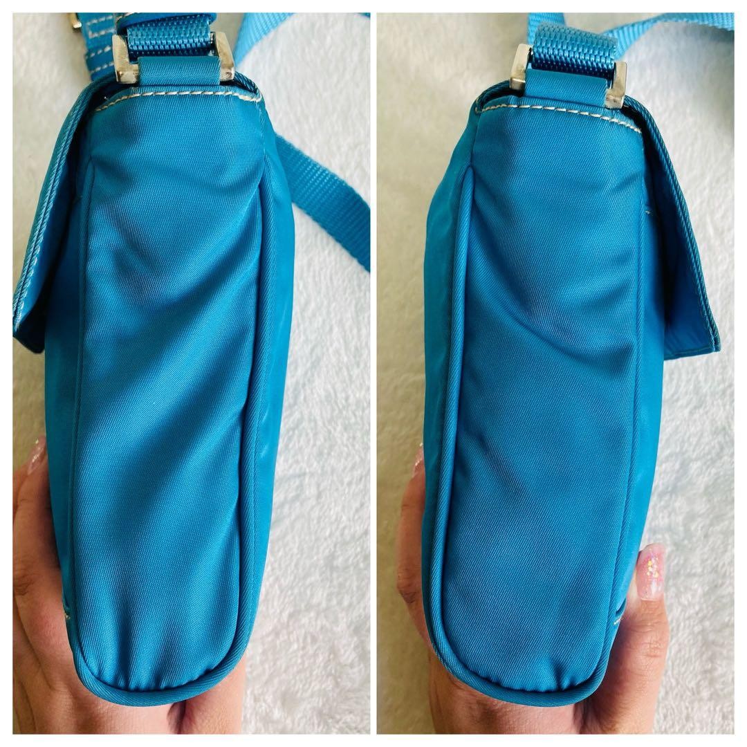 Prada Sacoche Small Shoulder Bag Water Blue Leather Used Authentic
