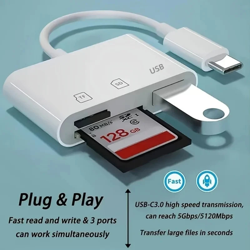 3 In 1 Adapter Type-C, Tf, Cf, Sd, Memory Card Reader, Recorder, Compact Flash