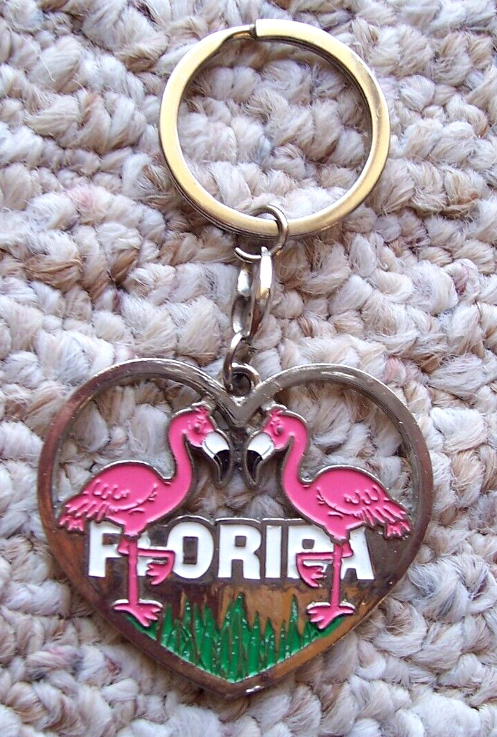 Florida Flamingos In A Heart Souvenir Metal Keychain