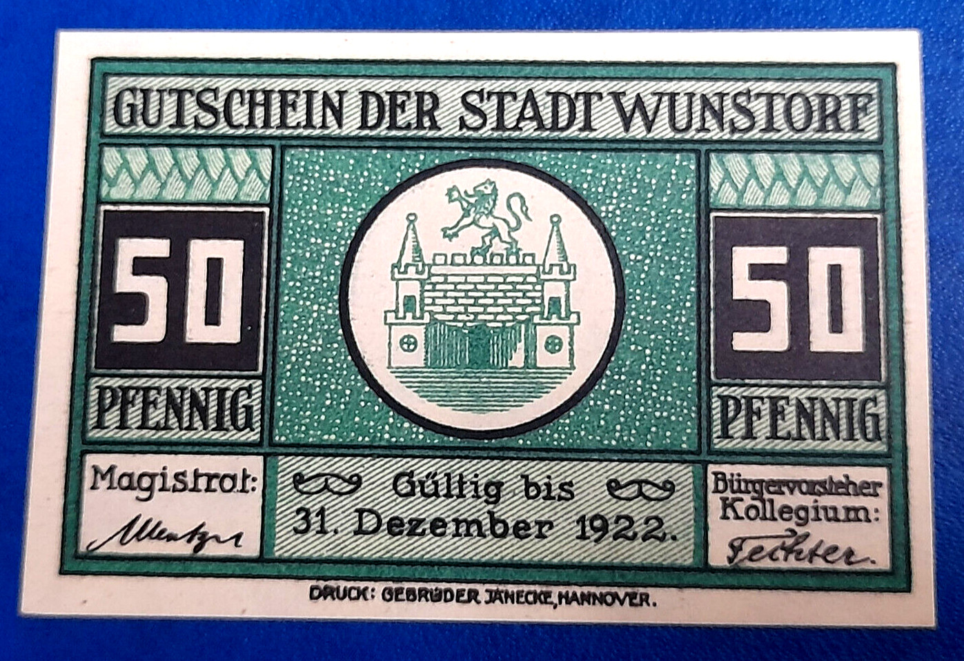 WUNSTORF NOTGELD 50 PFENNIG 1921 EMERGENCY MONEY GERMANY BANKNOTE (30625)