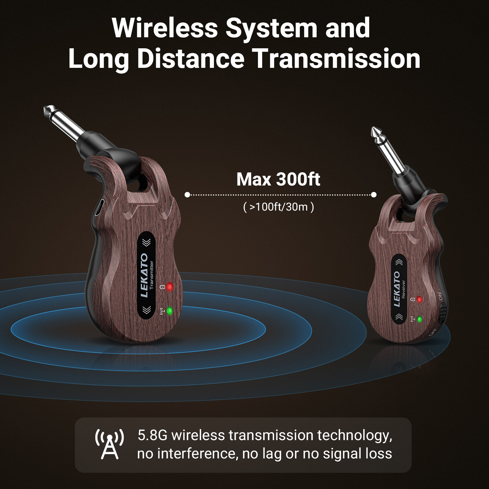 LEKATO Wireless Guitar Transmitter Receiver 5.8GHz 4 Channels 220° Rotatable