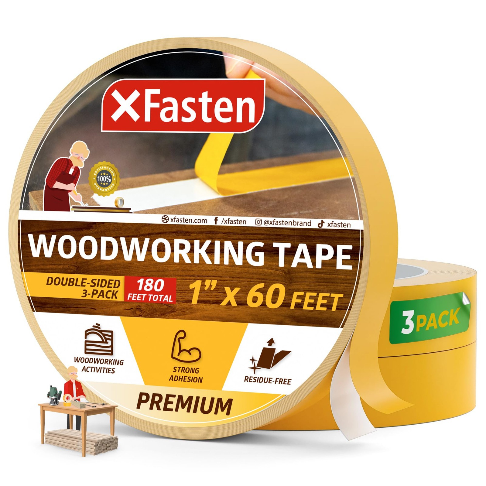 1-Inch x 20 Yards (3-Pack), Yellow Adhesive Liner, Cream Cloth Backing