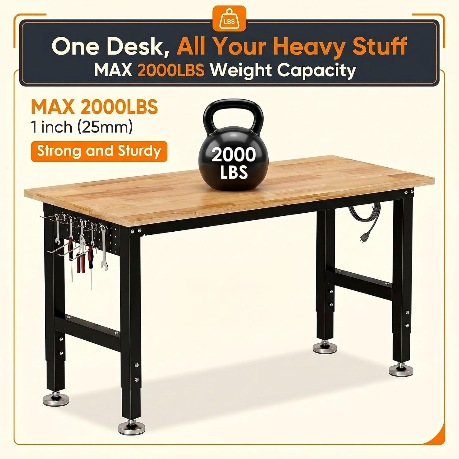 48" Adjustable Workbench | Solid Rubberwood Top | 2000lbs Heavy-Duty Work Table