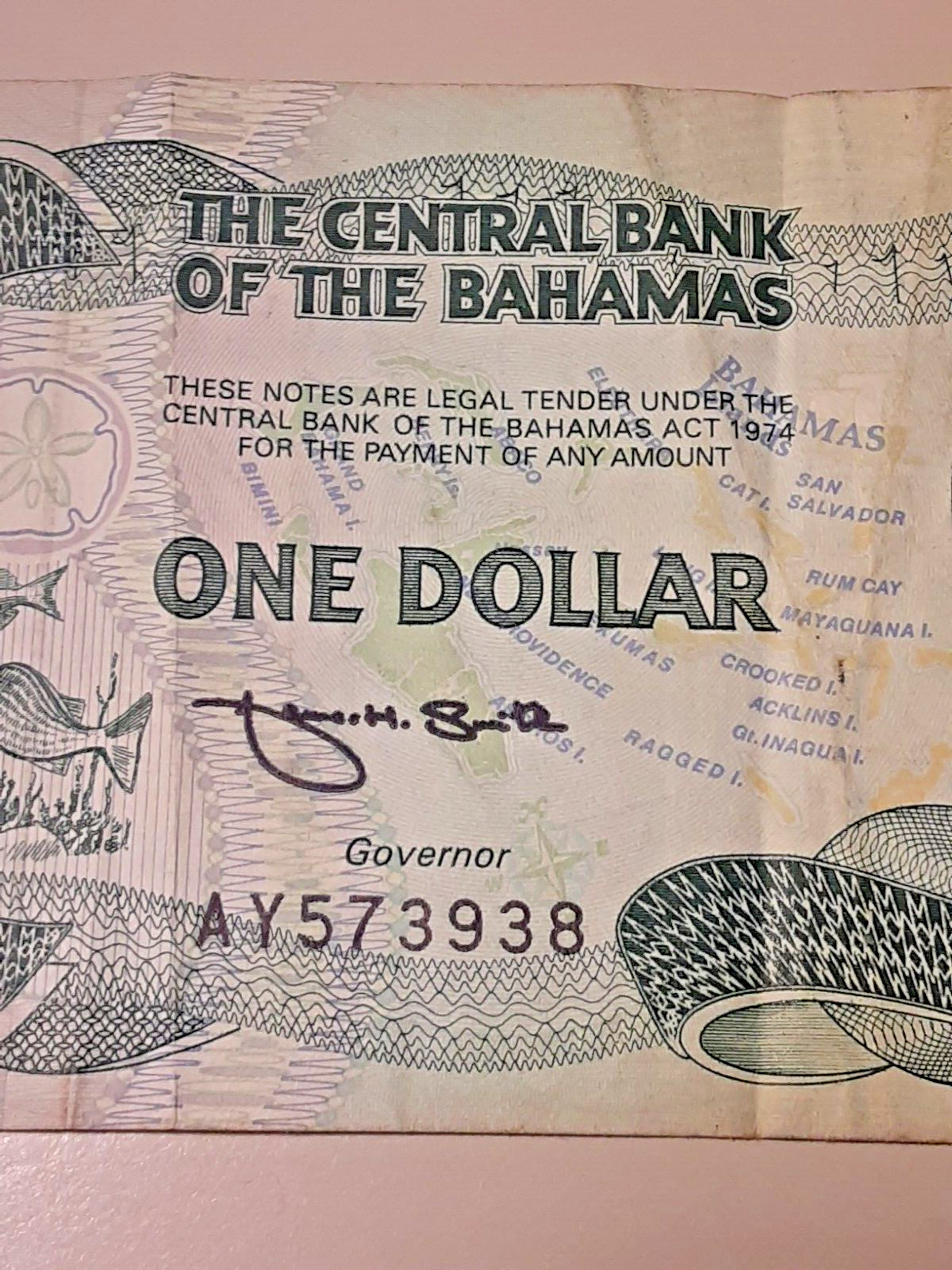 1974 Central Bank of the Bahamas Banknote ($1) One Dollar w/QE II (Prefix AY)