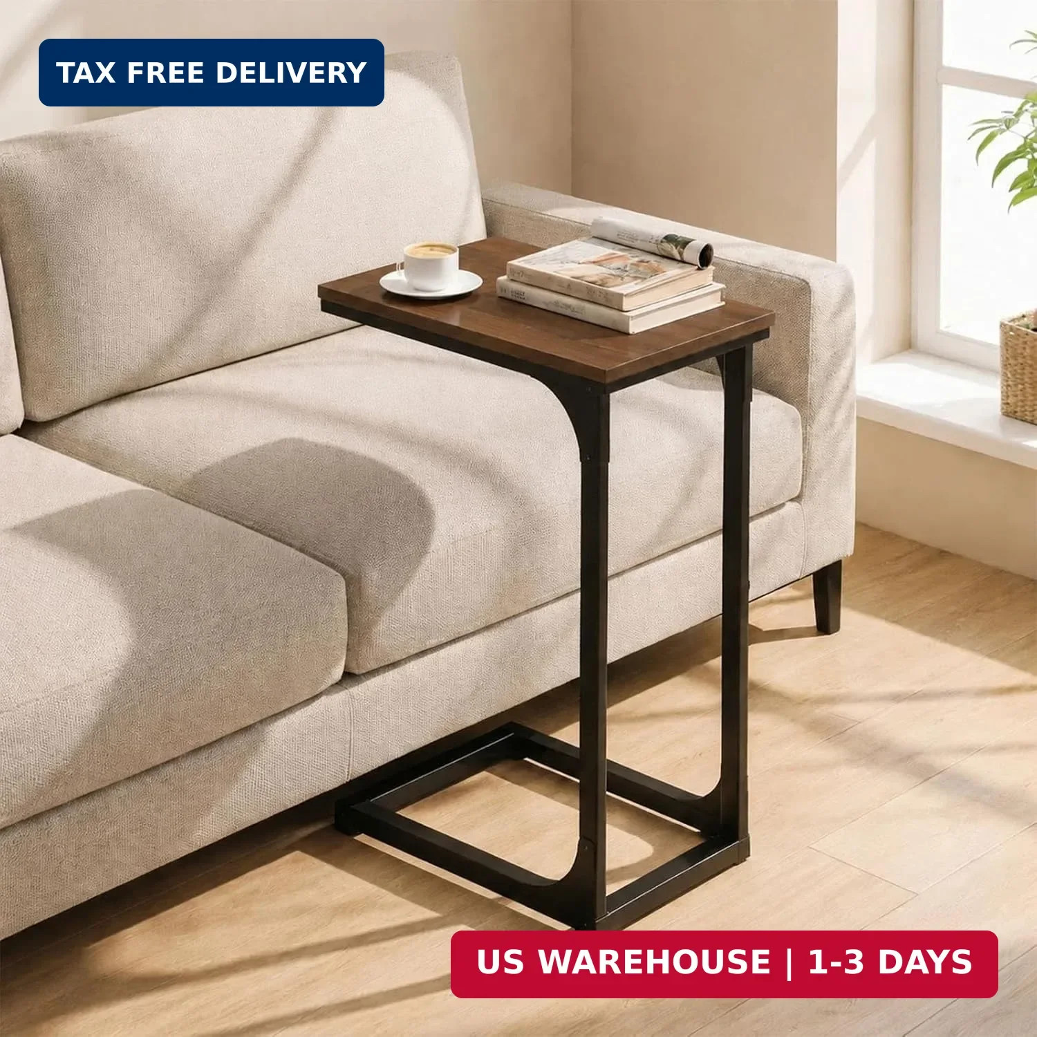 C Shaped End Table for Couch TV Tray Laptop Side Table Rustic Walnut Bedroom