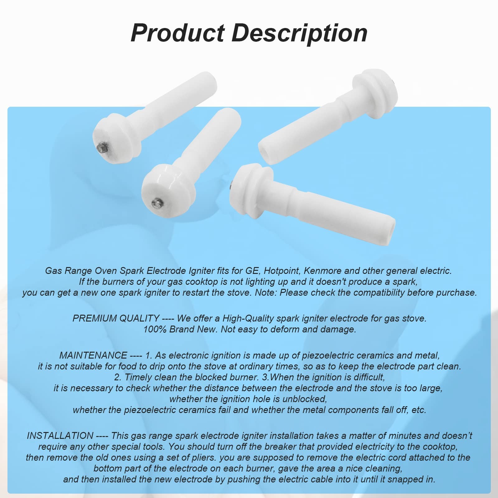 4 Pack Premium Gas Range Oven Spark Electrode Igniter Replacement for White