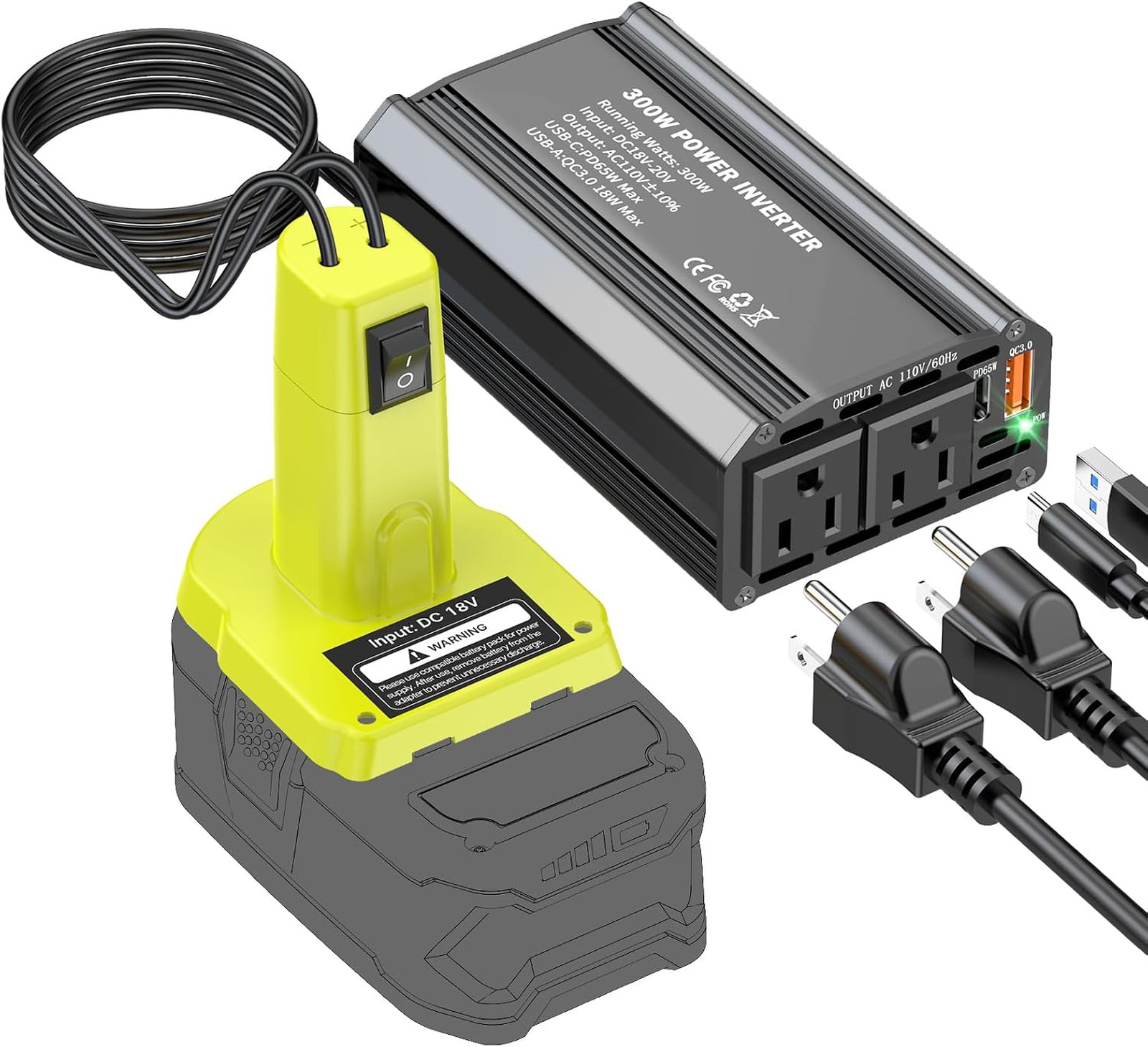 300W Power Inverter Compatible with Ryobi 18V Battery, DC 18V to AC 110V