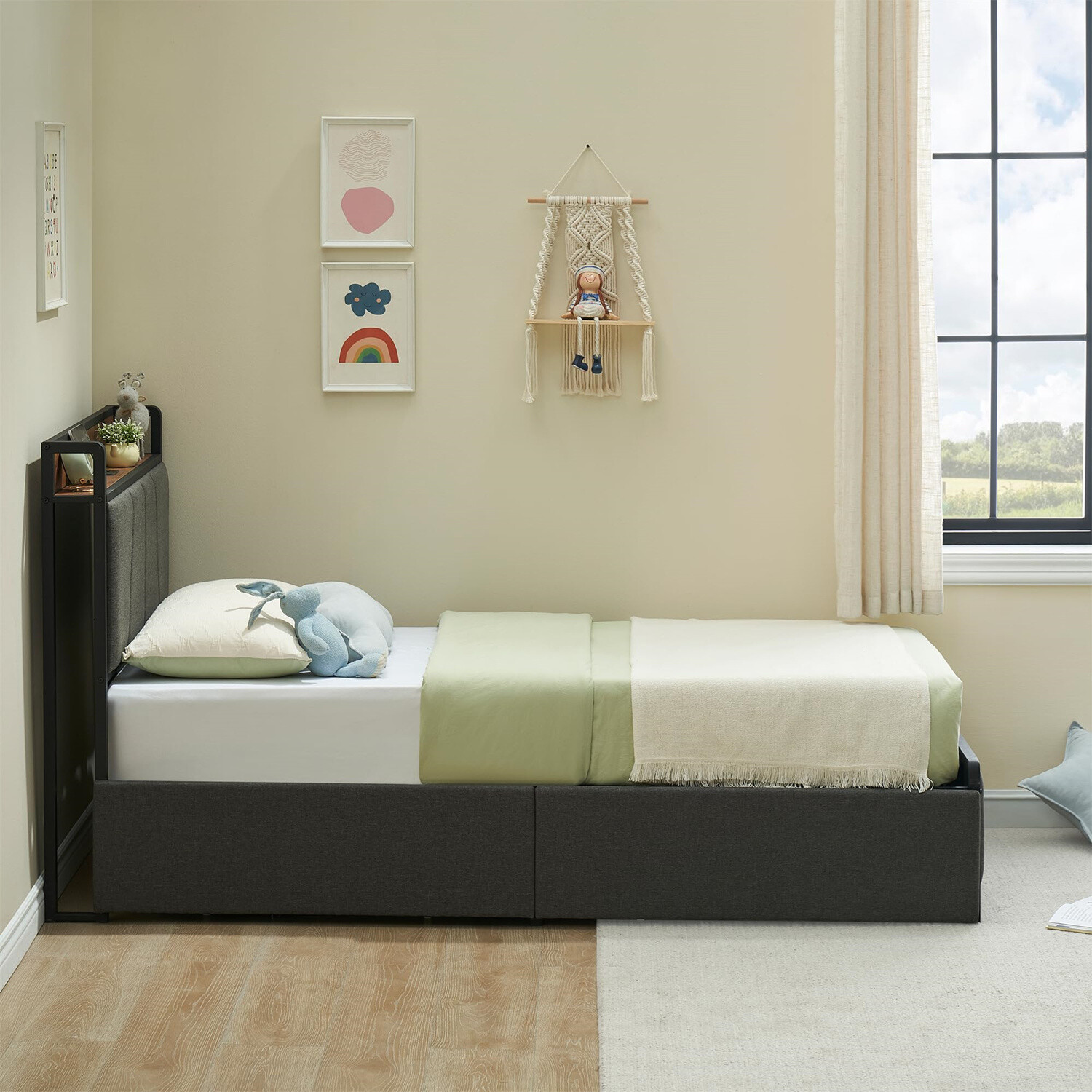Twin Size Bed Frame with 2 Storage Drawers Linen Upholstered Platform Bedframe