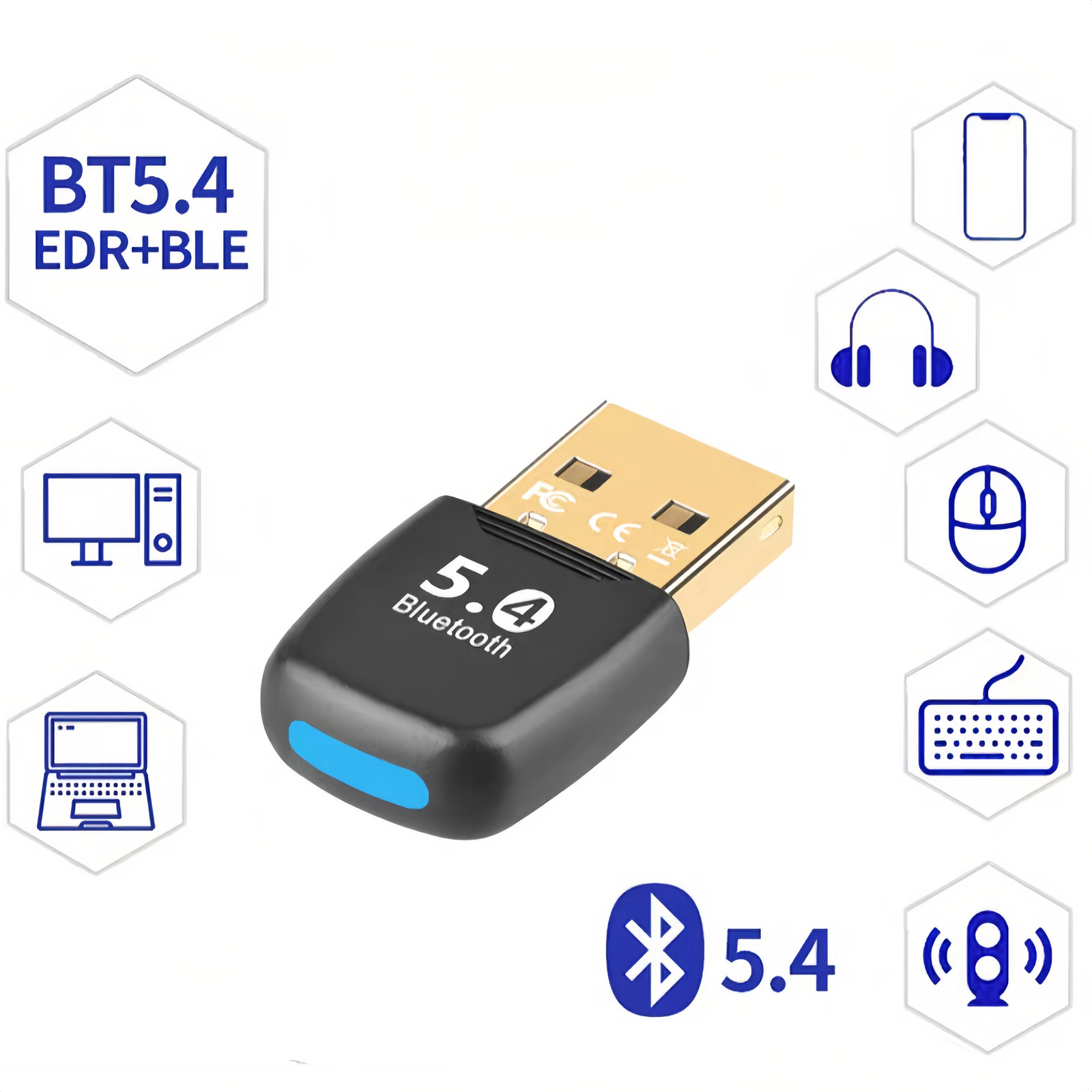Compact Bluetooth 5.4 USB Adapter - Wireless for PC Speaker Mouse Keyboard