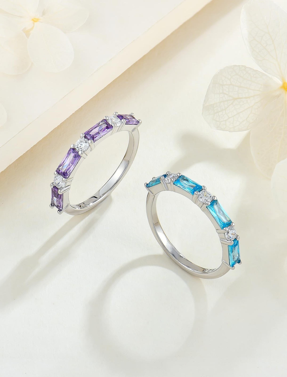 STARCHENIE Baguette Gemstone Rings for Her | 925 Sterling Silver Stackable Ri...