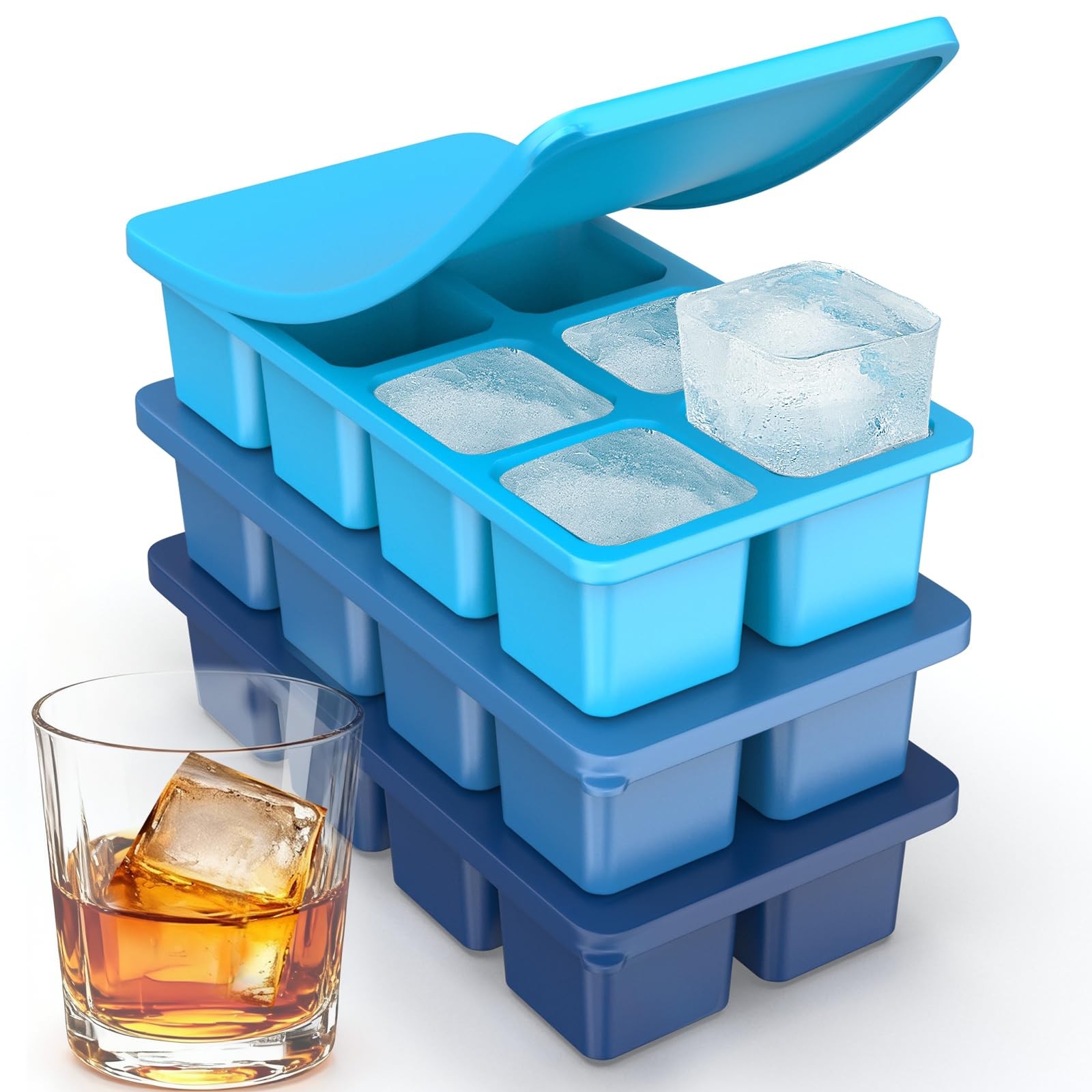 Large Silicone Ice Cube Trays with Lids, 3 Pack Large Ice Cube Molds for Whis...