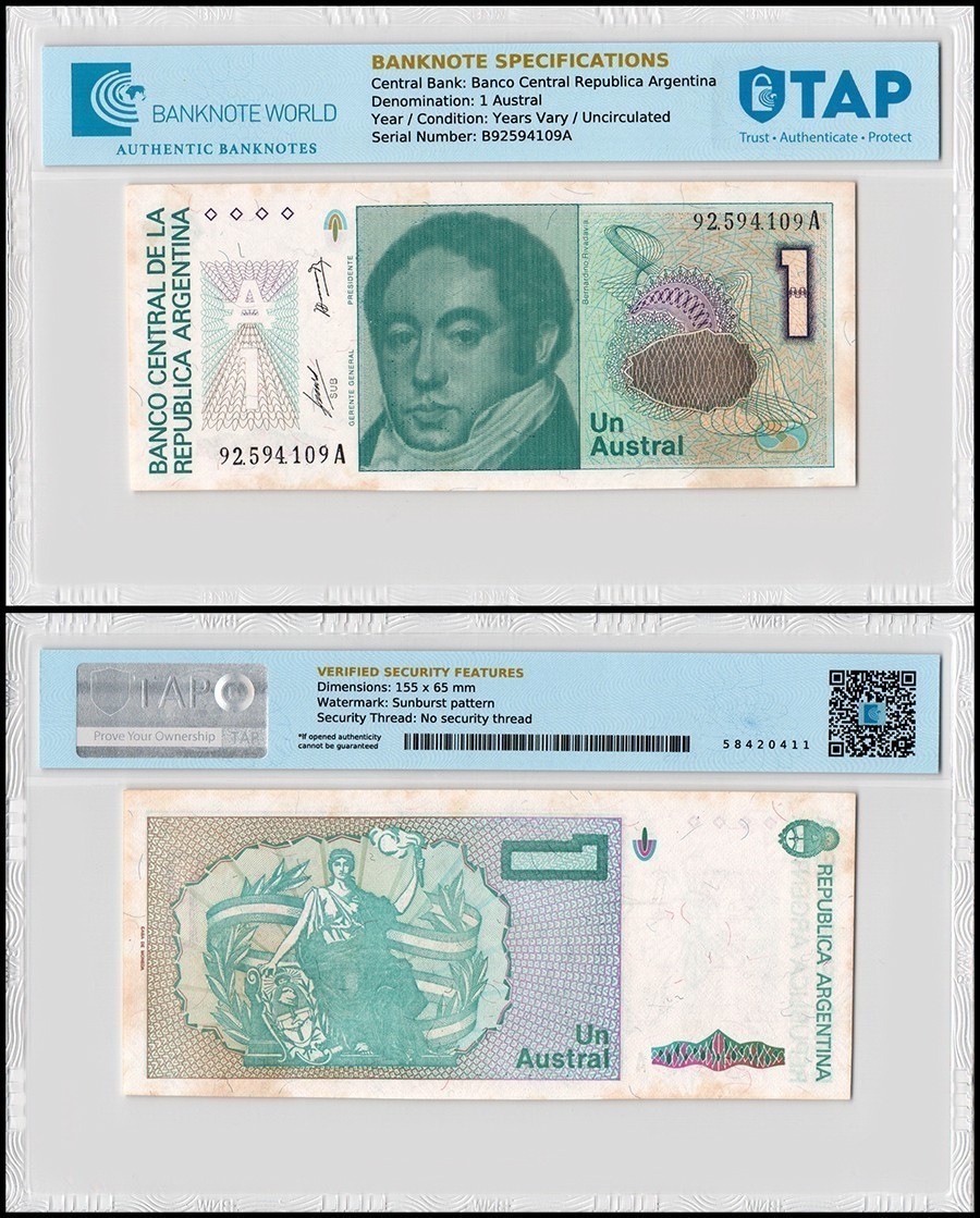 Argentina 1 Austral, 1985-1989 ND, P-323a, UNC, w/ Stains, TAP Authenticated