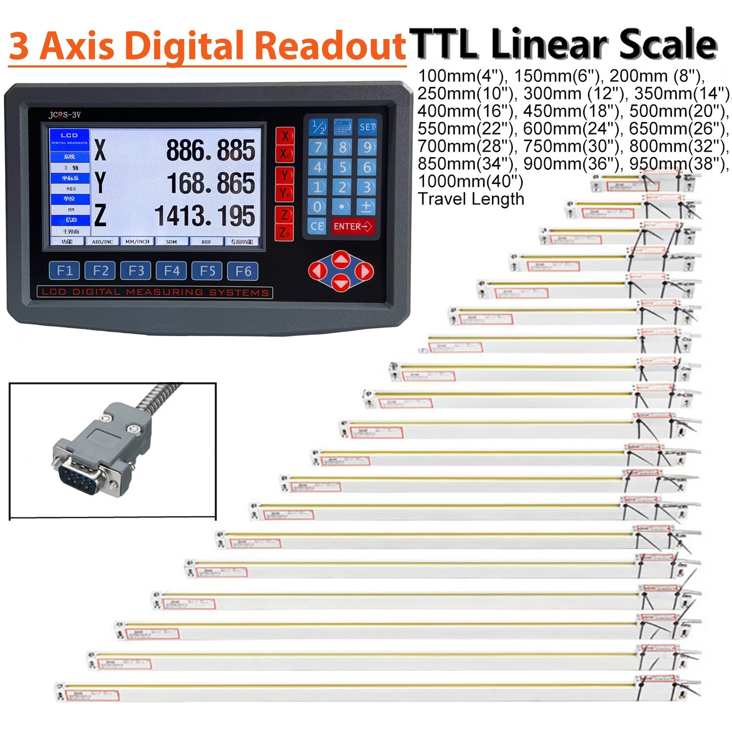 iMeshbean LCD DRO 3 Axis Digital Readout+ 5micron GCS900-3D Linear Scale Encoder