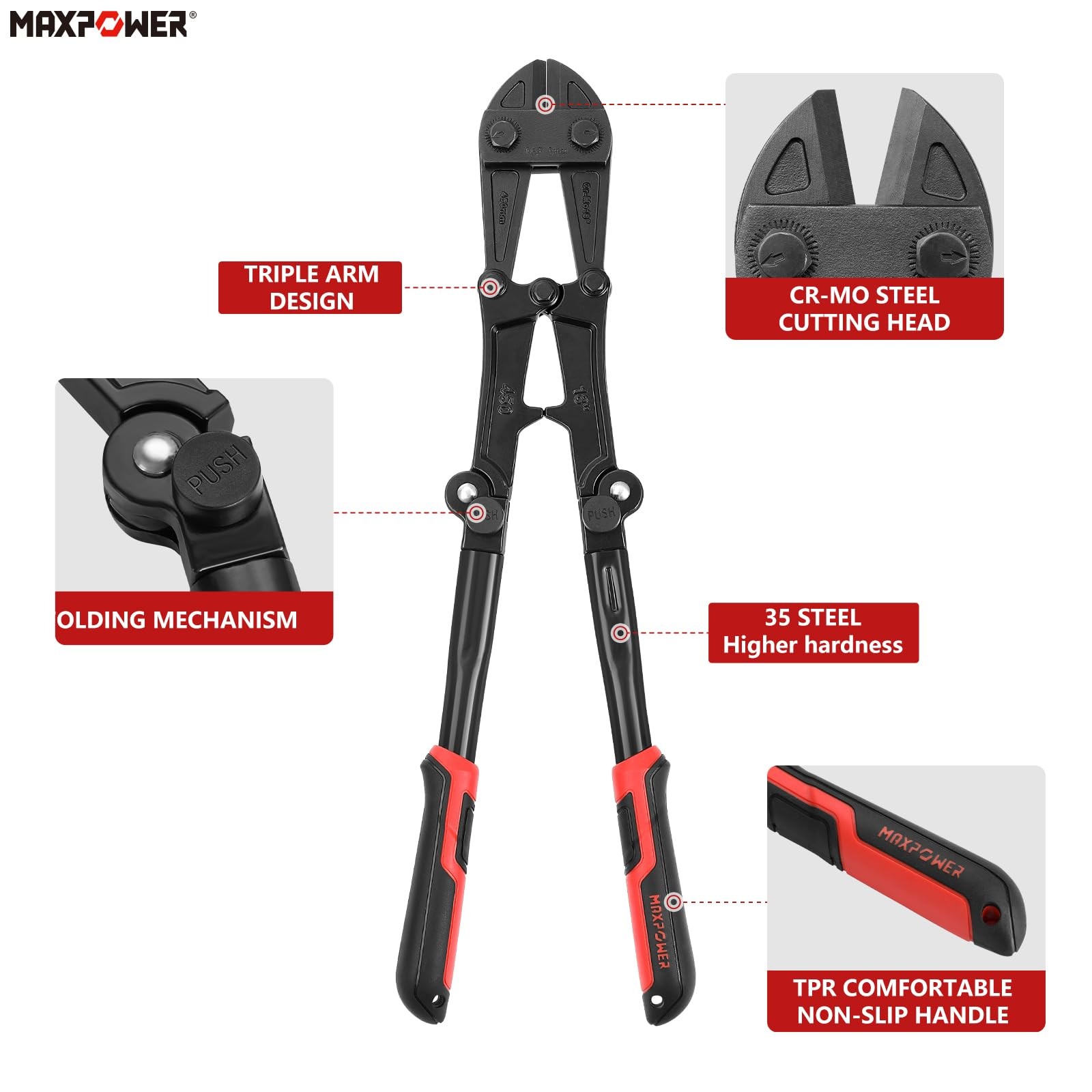 MAXPOWER 18-inch Folding Bolt Cutters, Foldable Cutter 18", Black & Red