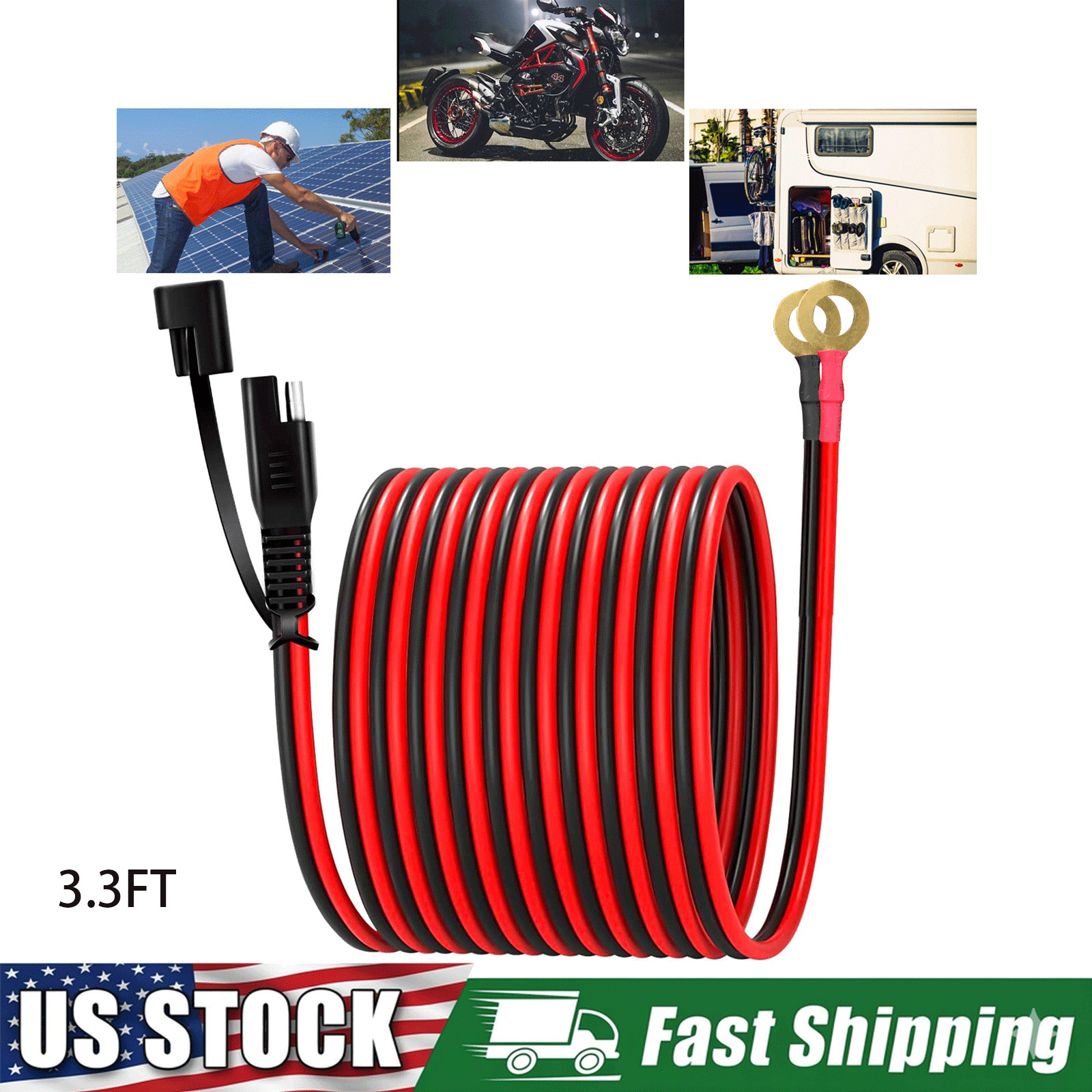 1M 16AWG SAE to O Ring Connection Cable Adapter 12-24V Extension Cord For Car
