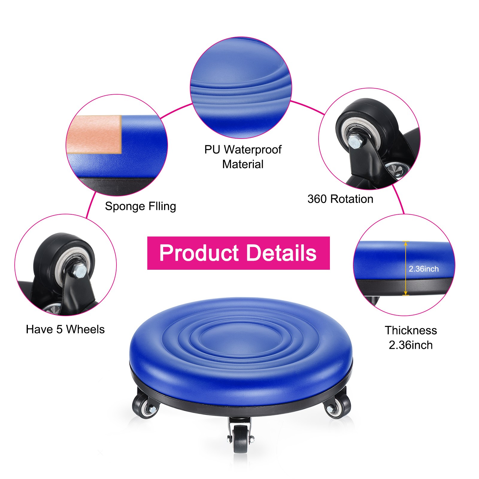Blue Low Roller Seat Wheel Stool Chair PU Leather Rolling Stool Seats
