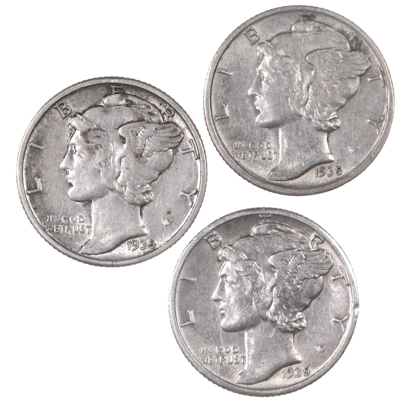 1935 PDS Mints Silver Mercury Dime Ungraded Coins 10C
