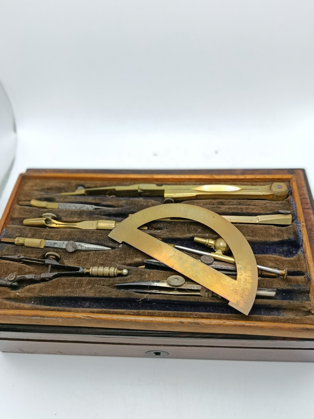 Victorian Rosewood Case Brass Engineering Drawing Tools Compasses Protractor etc