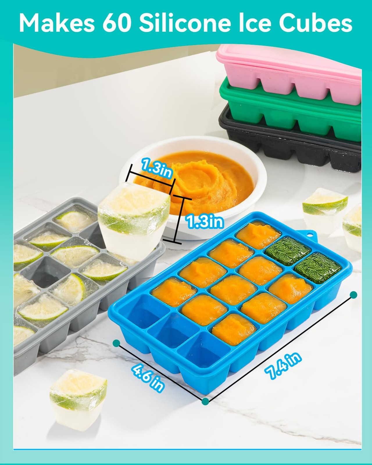 4 Pack Silicone Ice Cube Trays with Lids Easy Release 60 Grids Stackable Square