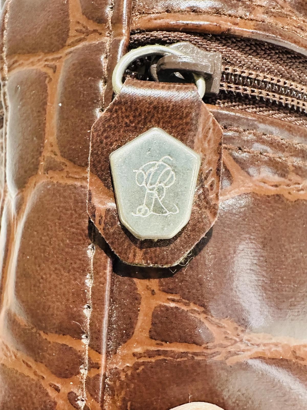 VTG 90's Ralph Lauren Brown Croc-Embossed Faux Leather Luggage Accessory Bag