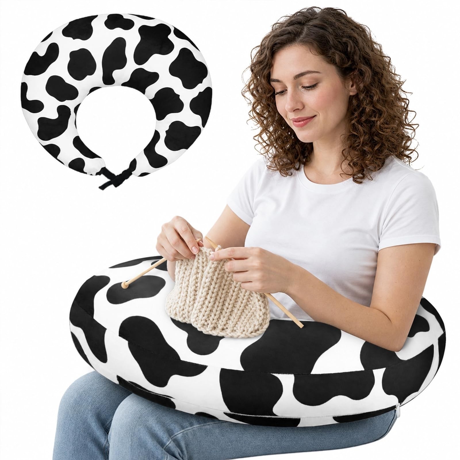 vnbsdwi Ergonomic U-Shaped Gaming & Lap Pillow for Crocheting - Cute Cow Patt...