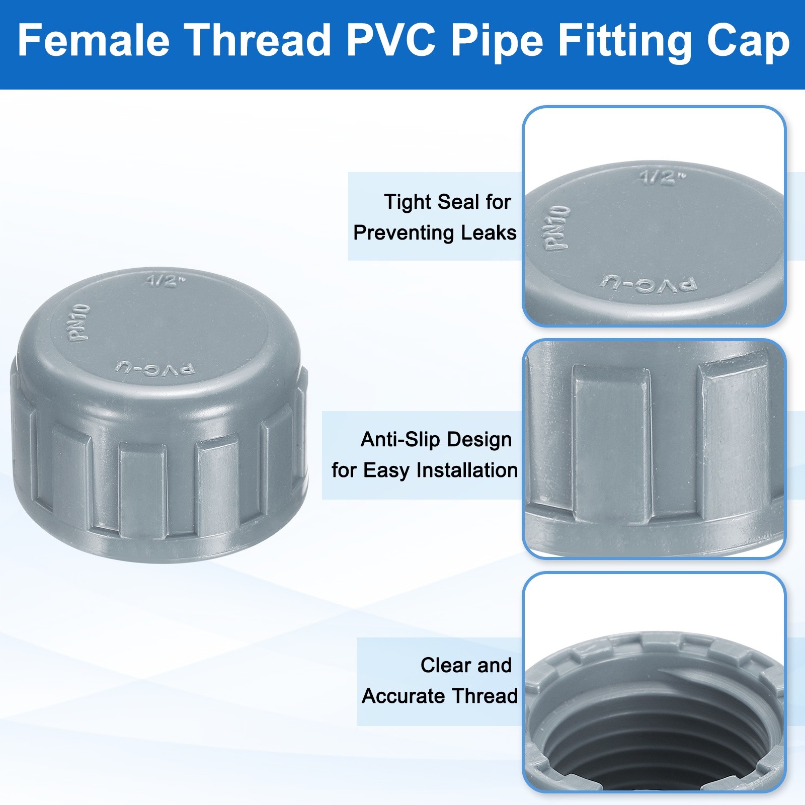 5Pcs 1/2 Inch PT Female Thread PVC Pipe Fitting Cap with Tape, Gray