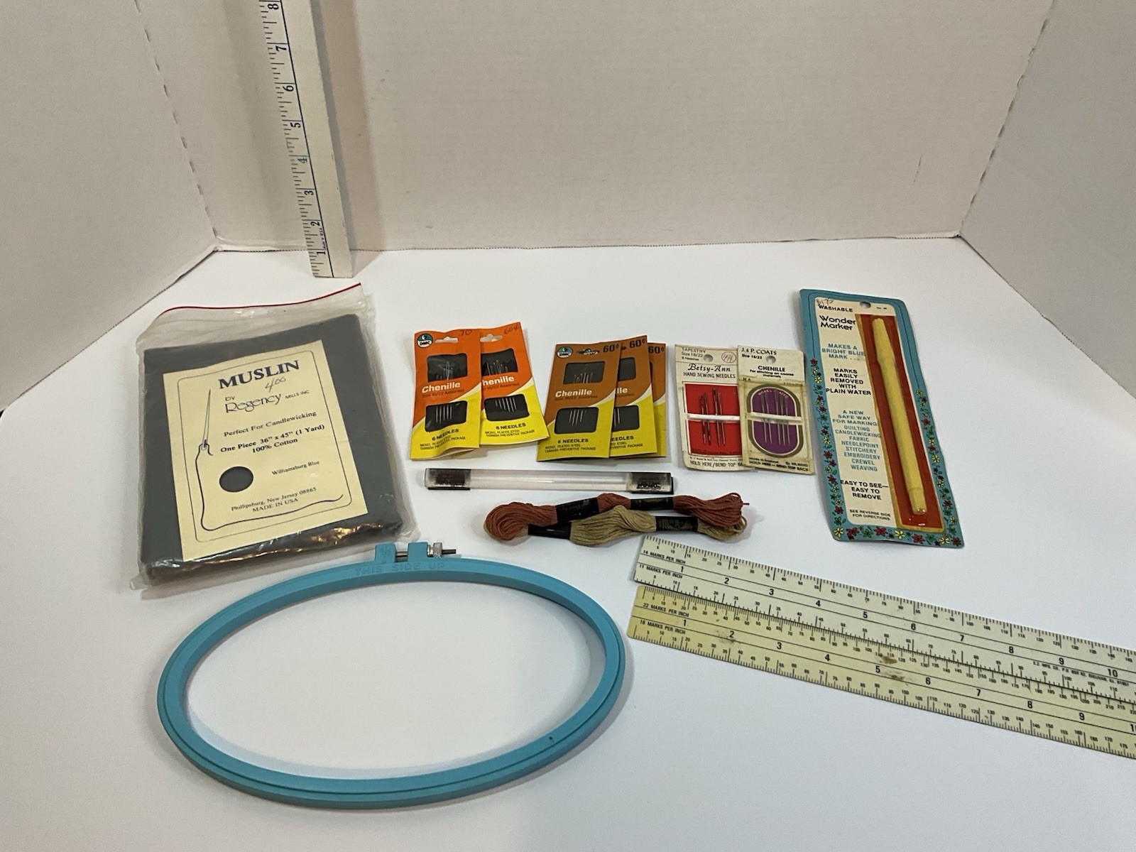 NEW Vintage Lot of Embroidery  Hoop Muslin Needles Thread Cross Stitch Supplies