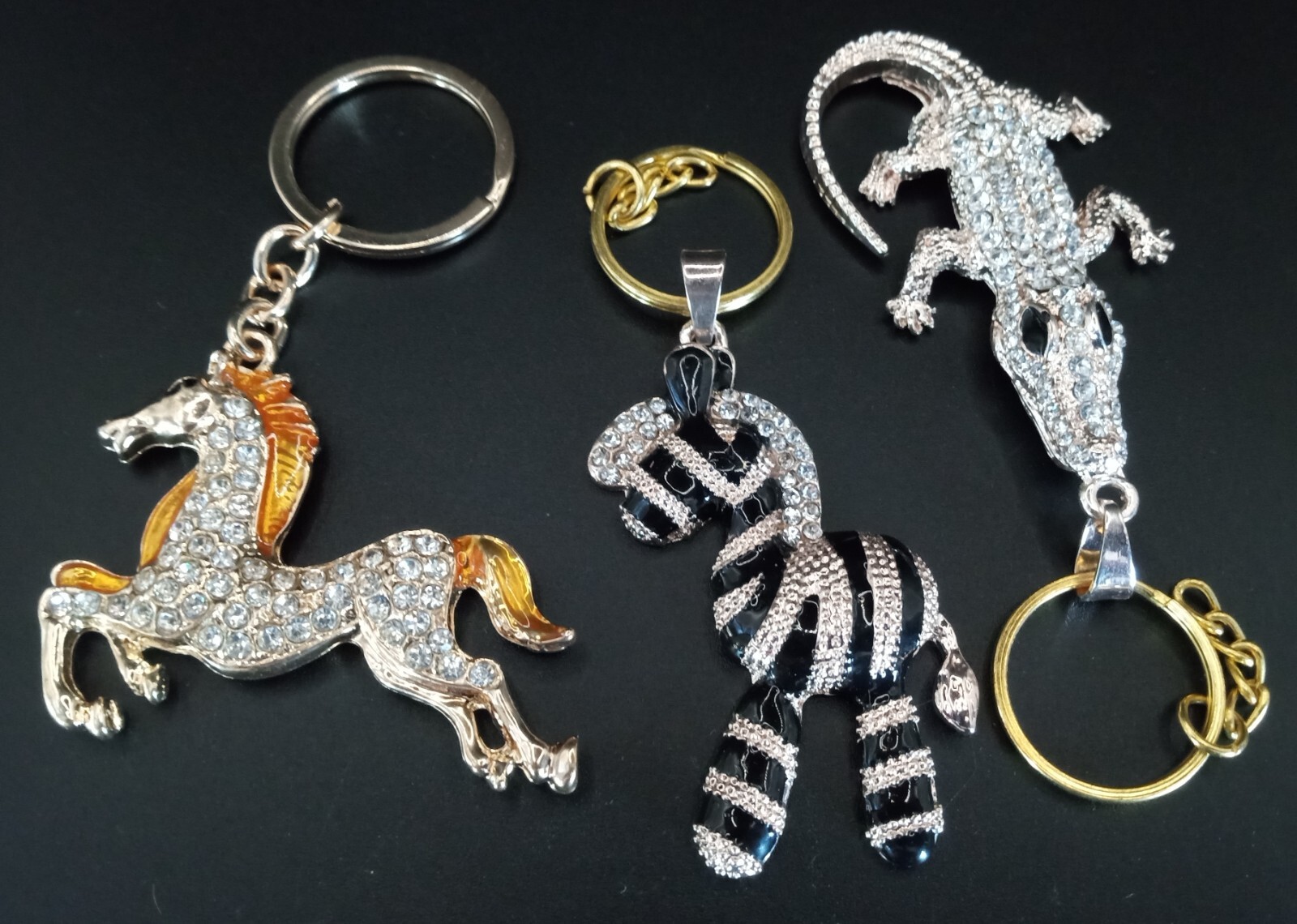 Set Of 3 Rhinestone Figural Animal Key Chains Horse Zebra Alligator