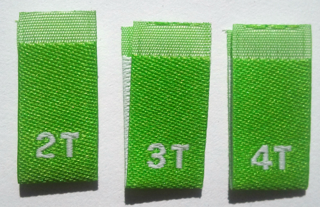 250 pcs LIME GREEN WOVEN TODDLER SEWING CLOTHING LABELS, SIZE TAGS 2T, 3T, 4T