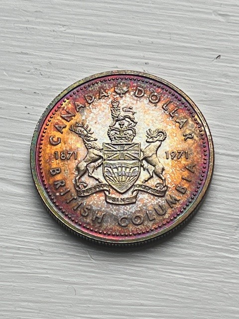CANADA DOLLAR 1871 1971 British Columbia Centennial Silver $1 RAINBOW TONING
