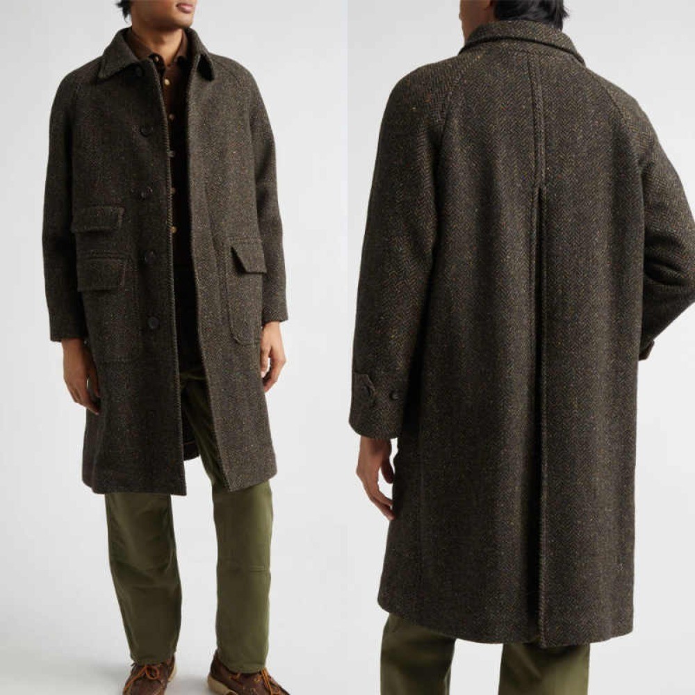 Tweed Men Herringbone Overcoat Knee Length Single Breasted Regular Fit Classic