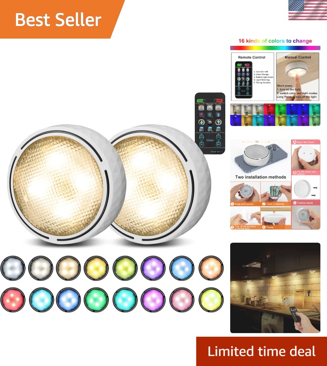 Elegant Color Changing Puck Lights with Timer - Wireless Battery Operated 2-Pack
