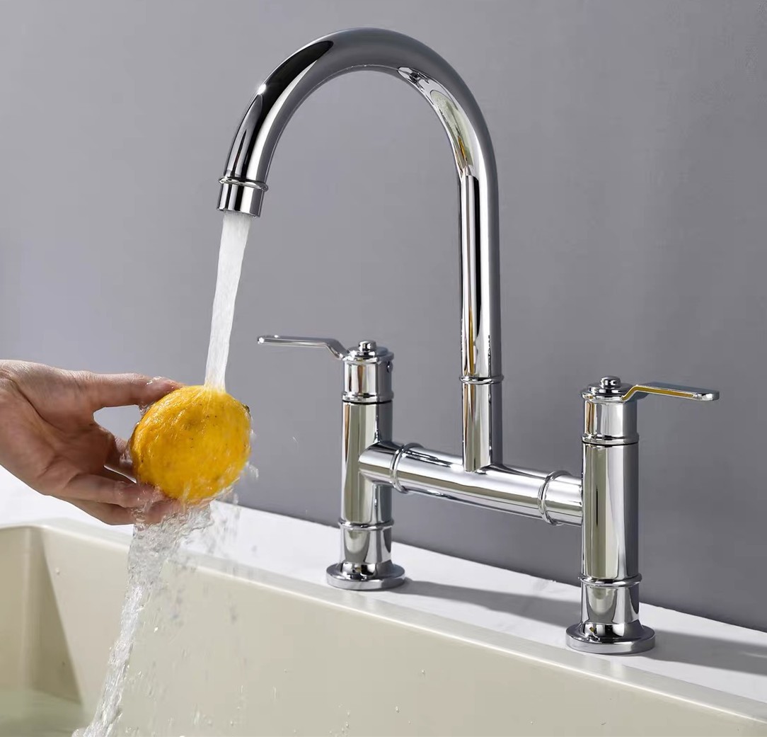 Brass Chrome Kitchen Faucet Double Handles Sink Mixer Tap Two Holes Deck Mounted