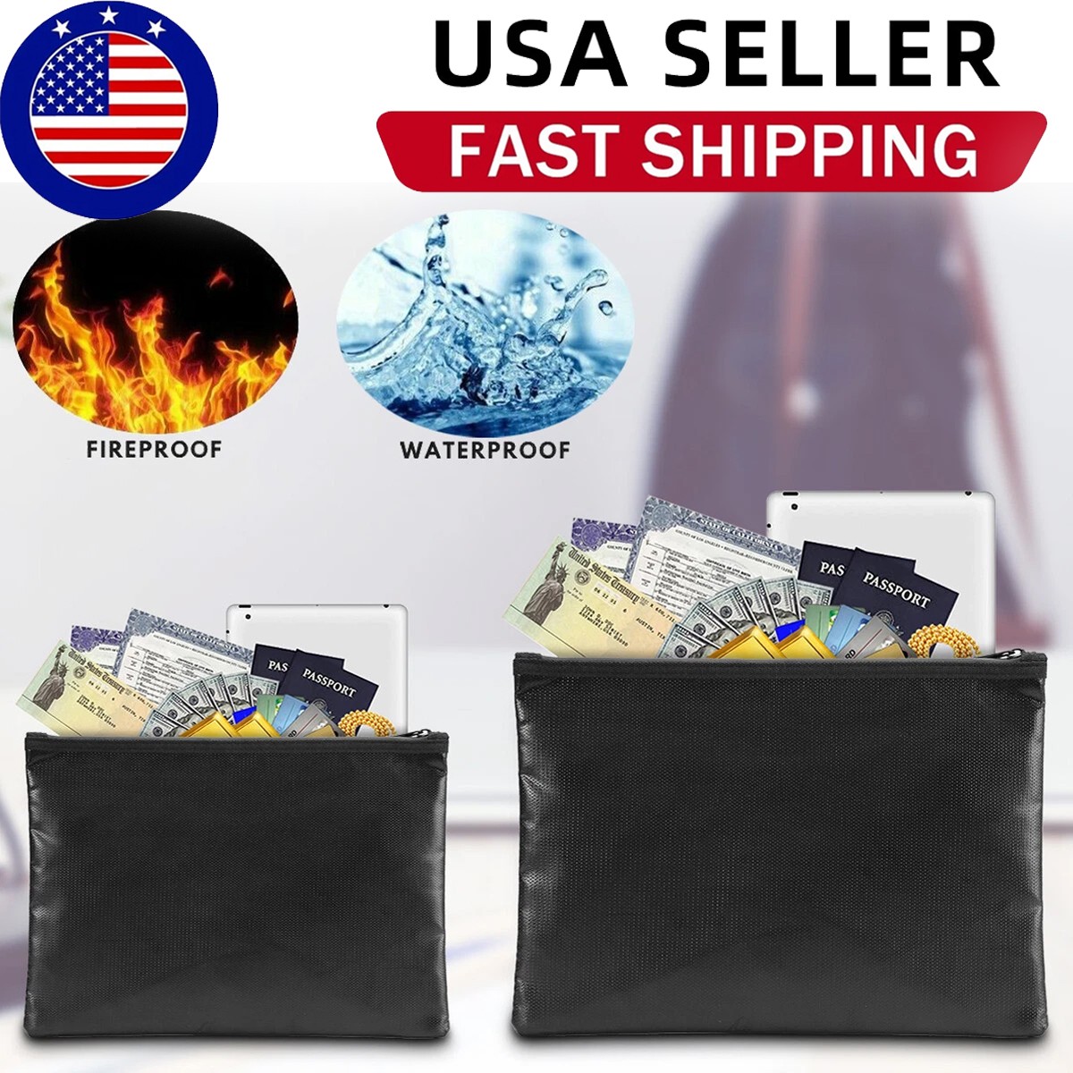 2000℉ Fire Proof money Bag Fireproof Document Zipper Pouch Waterproof Safe Cash